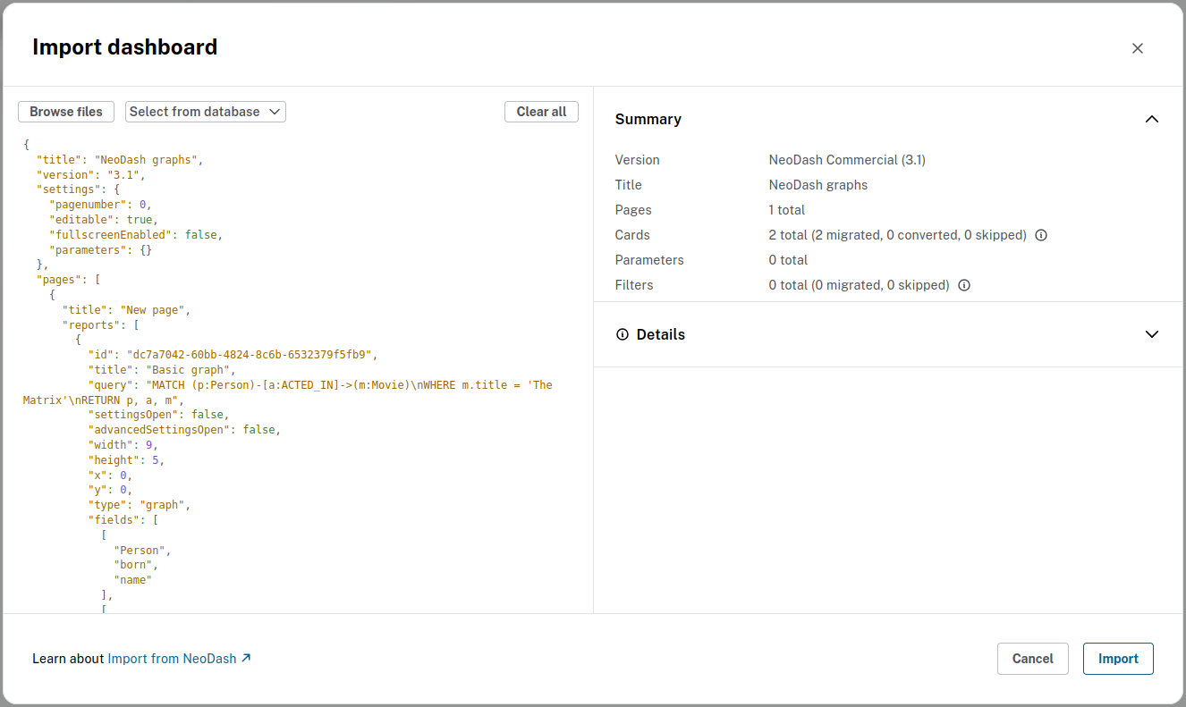import dashboard dialog